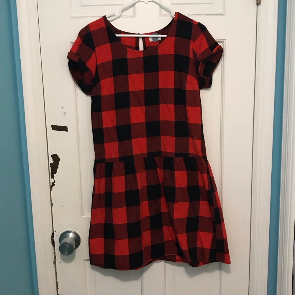 red and black plaid dress